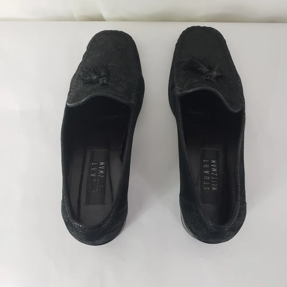 Stuart Weitzman black suede and leather chunky heel loafer metallic sheen 7.5